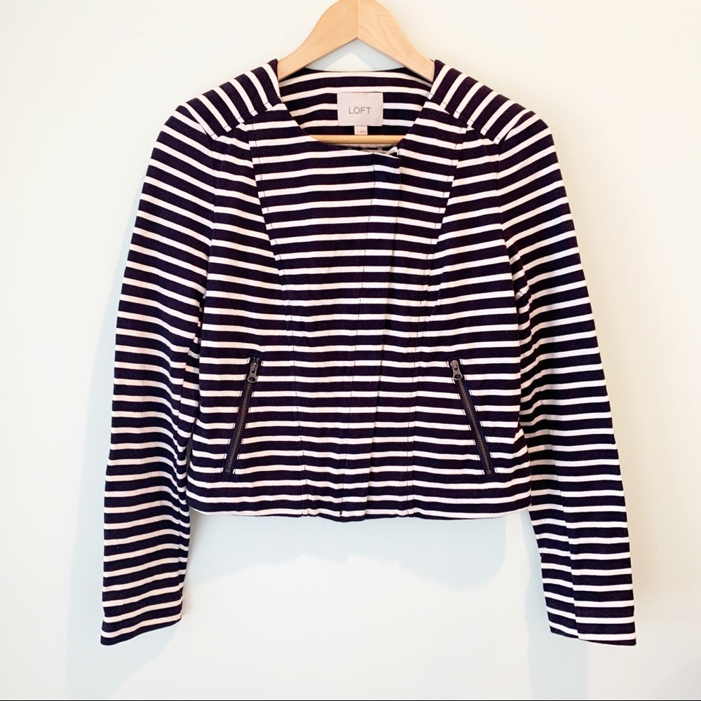 Ann Taylor LOFT Navy Blue Striped Cotton Hidden Zipper Cardigan Jacket 4